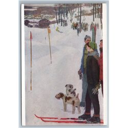 1958 ON SKI SLALOM Skiers on ski slope Dogs SPORT Rare Soviet USSR Postcard