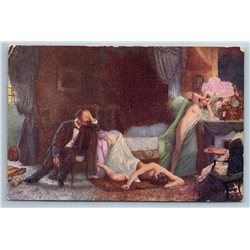 1916 WOMAN with lover Husband by Harris NUDE Art Imperial Russia Postcard