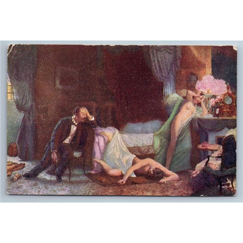 1916 WOMAN with lover Husband by Harris NUDE Art Imperial Russia Postcard