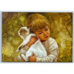 PRETTY LITTLE GIRL hugging a kitten CAT THAI Friends Russian Unposted Postcard