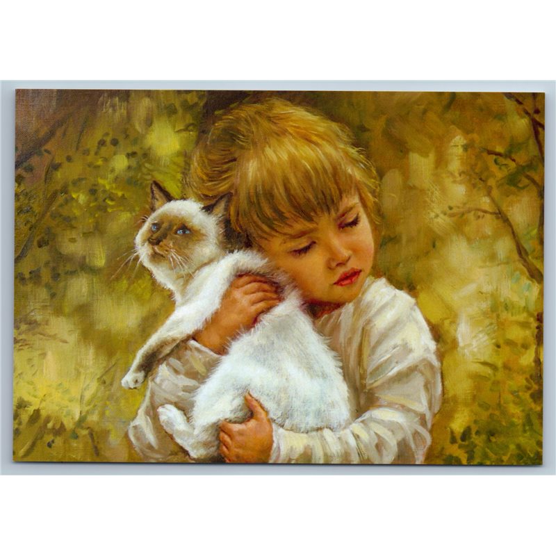 PRETTY LITTLE GIRL hugging a kitten CAT THAI Friends Russian Unposted Postcard