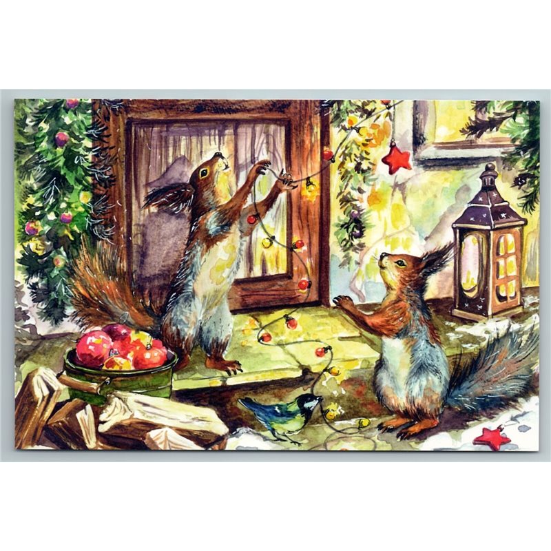 SQUIRRELS Christmas Decoration Apple Lamp Door Bird Holiday Russian New Postcard