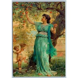 PRETTY WOMAN with Cupid in Garden Sweet Apple Zatzka Hans Russian New Postcard