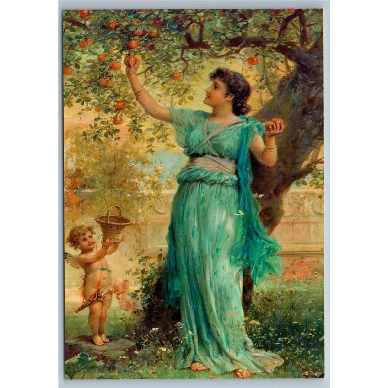 PRETTY WOMAN with Cupid in Garden Sweet Apple Zatzka Hans Russian New Postcard