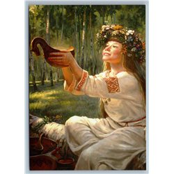 SLAVIC WOMAN Long Hair Russian Ethnic Forest Honey Drink New Unposted Postcard