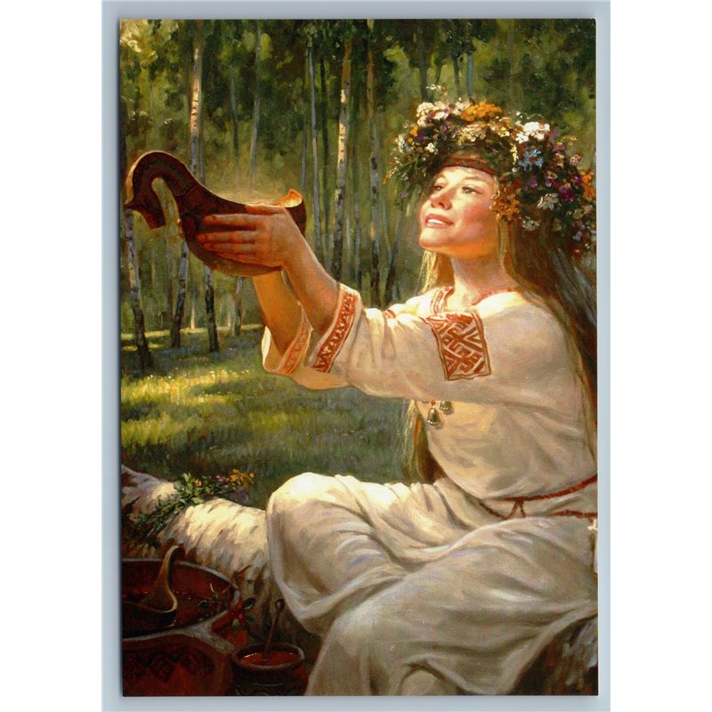 SLAVIC WOMAN Long Hair Russian Ethnic Forest Honey Drink New Unposted Postcard