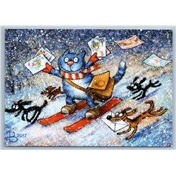 CAT Postman on ski  Letter New Year FUNNY by Zeniuk New Unposted Postcard