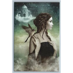 WOMAN Long Hair in Heaven w/ Birds Fantasy Castle Cloud UNUSUAL ART New Postcard