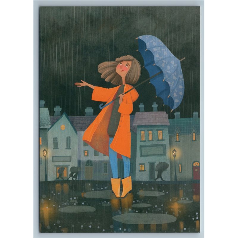 YOUNG GIRL w/ Umbrella in Rainy City Joy Graphic Art Russian New Postcard