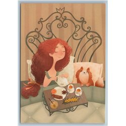 GIRL w/ Long Hair n CAT Morning Breakfast in bed Graphic Art Russia New Postcard