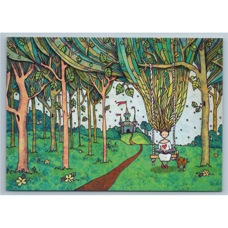 PRINCESS Long Hair n CAT in Park Princess Nature World Tree Unusual New Postcard