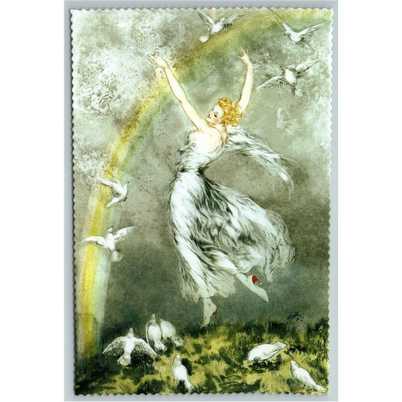 WOMAN with DOVE Pigeon Rainbow ART DECO by Louis Icart New Unposted Postcard