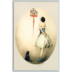 PRETTY WOMAN n CAT look at BIRD ART DECO by Louis Icart New Unposted Postcard