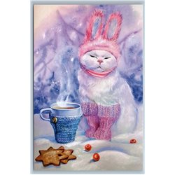 FUNNY CAT as BUNNY Snow Winter Coffee So Cute White Russian New Postcard