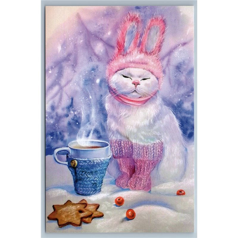 FUNNY CAT as BUNNY Snow Winter Coffee So Cute White Russian New Postcard