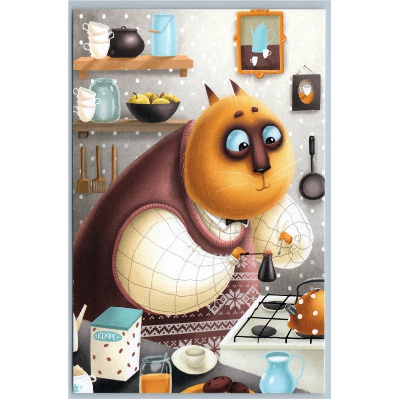 FUNNY CAT makes Coffee Kitchen Milk Kettle Coffee lover Russian New Postcard