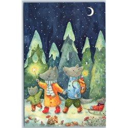 GREY WOLVES Family in Snow Winter Forest Mouse Mice Sled Russian New Postcard