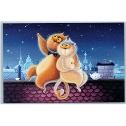 TWO CATS Date on Roof Romantic Night City Tea time Unusual Russian New Postcard