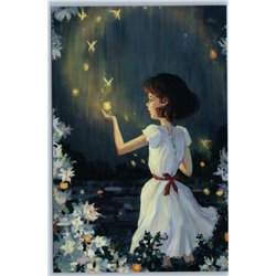 LITTLE GIRL White dress Firefly in Night Forest Magic Light Russian New Postcard