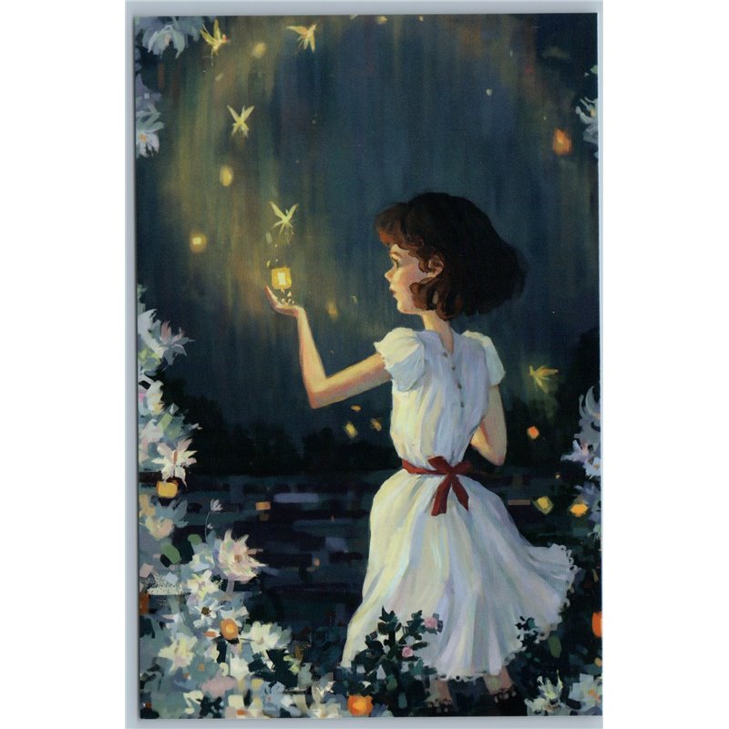 LITTLE GIRL White dress Firefly in Night Forest Magic Light Russian New Postcard