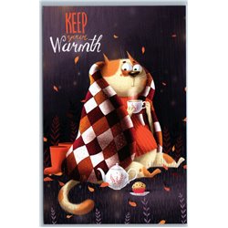 FUNNY CAT with Tea CUP Keep your Warmth Wrap Humor Russian New Postcard