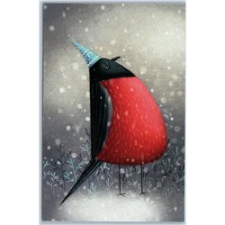 FUNNY BULLFINCH in Hat Snow Forest Bird Unusual Graphic Russian New Postcard