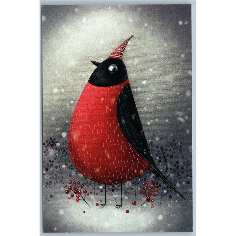 FUNNY BULLFINCH Bird in Hat Snow Forest Unusual Graphic Russian New Postcard