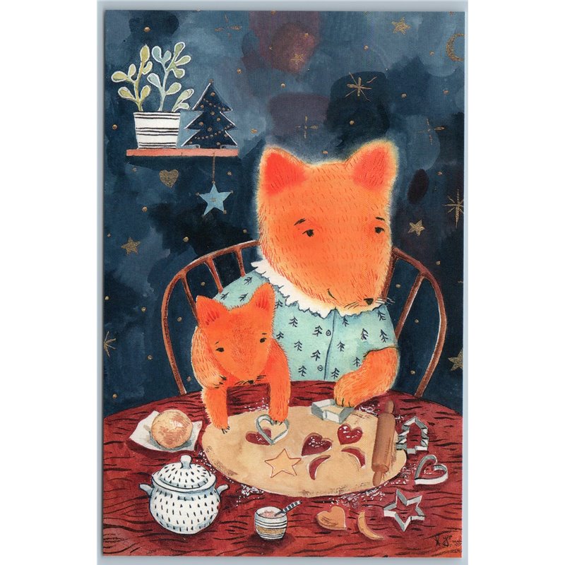 FUNNY RED FOXES makes cookies Cook Kitchen Christmas Eve Unusual New Postcard