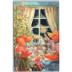 RED FOXES family CHRISTMAS TREE Feast New Year Samovar Russian New Postcard