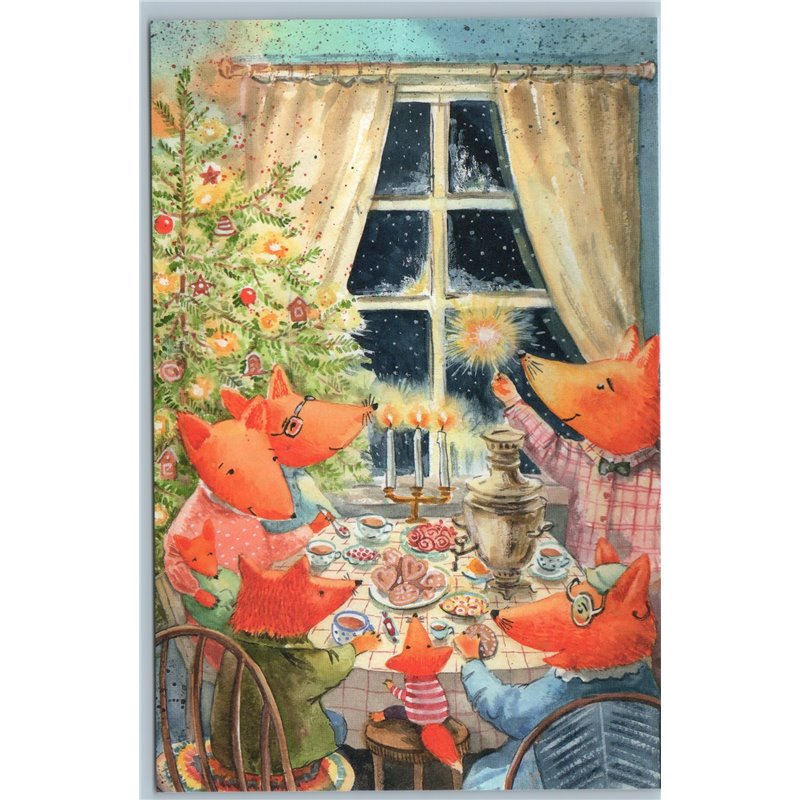 RED FOXES family CHRISTMAS TREE Feast New Year Samovar Russian New Postcard