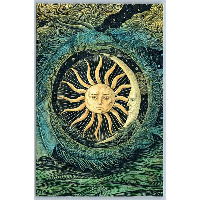 OUROBOROS DRAGON Two Moon ancient symbol Ethnic Unusual New Postcard