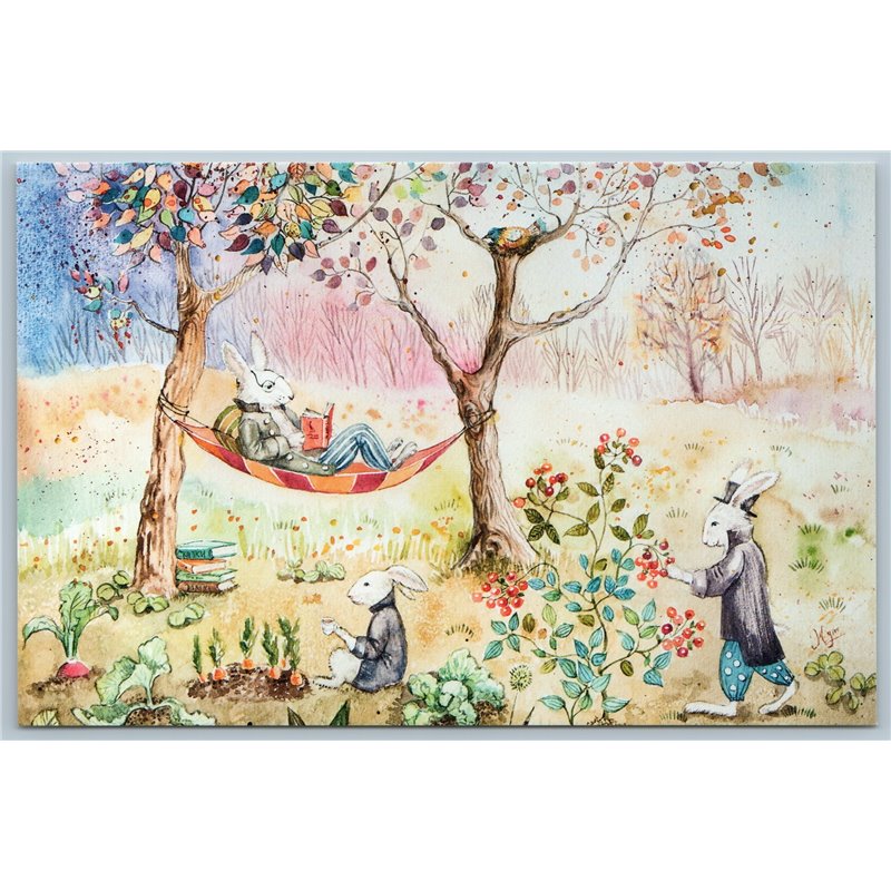 HARES Bunny Rabbit read Book Forest Garden Tree Unusual Russian New Postcard