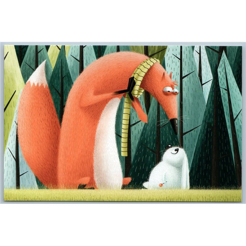 RED FOX and Little HARE Bunny Rabbit in Forest Get Lost Unusual New Postcard