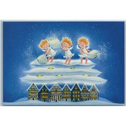 LITTLE GIRLS Angels Snow Blanket Winter City House Fantasy Art New Postcard