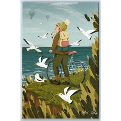 BOY with BIKE near Sea Beach Cat Bag Gulls Birds Unusual Graphic New Postcard