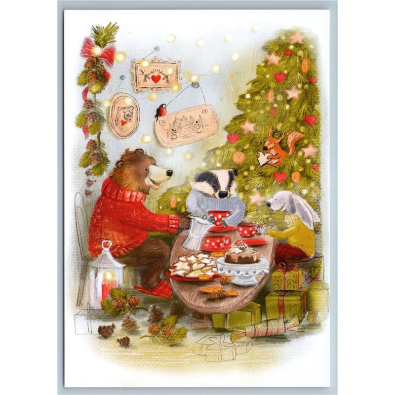 HARE RABBIT BEAR Chipmunk drink tea Squirrel CHRISTMAS TREE EVE New Postcard