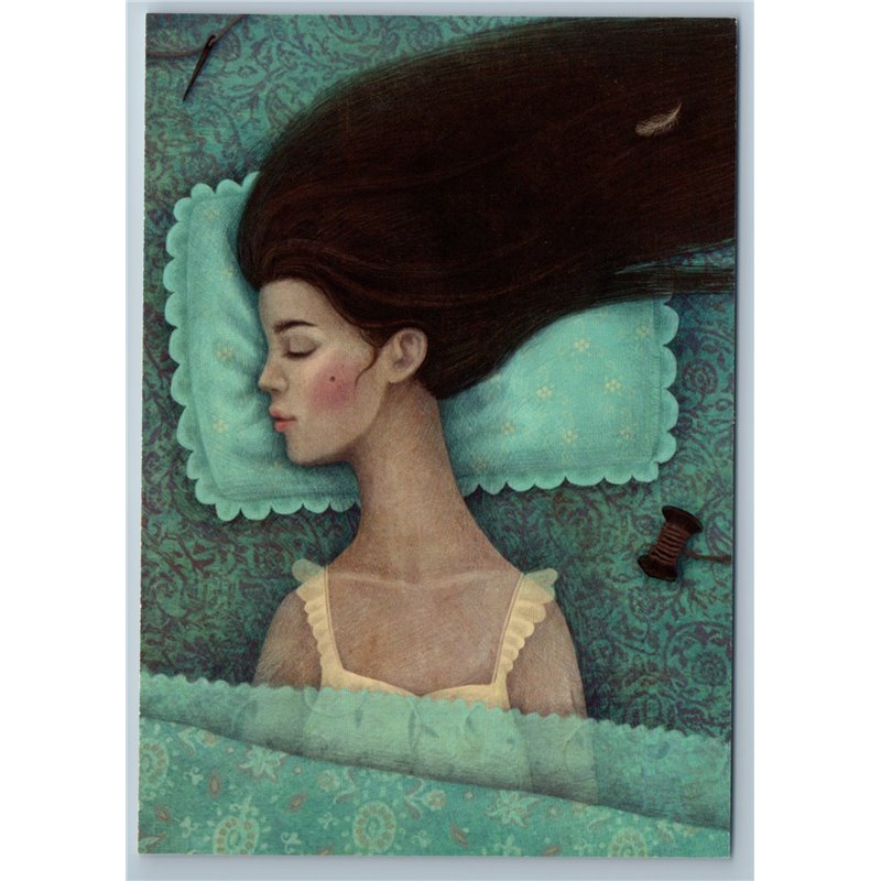 PRETTY GIRL sleeps Long Hair Sleeping Beauty Fairy Tale Russian New Postcard