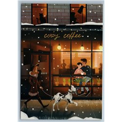 WOMAN walk w/ DOG Mastiff Cozy Coffee House Couple Snow Winter New Postcard