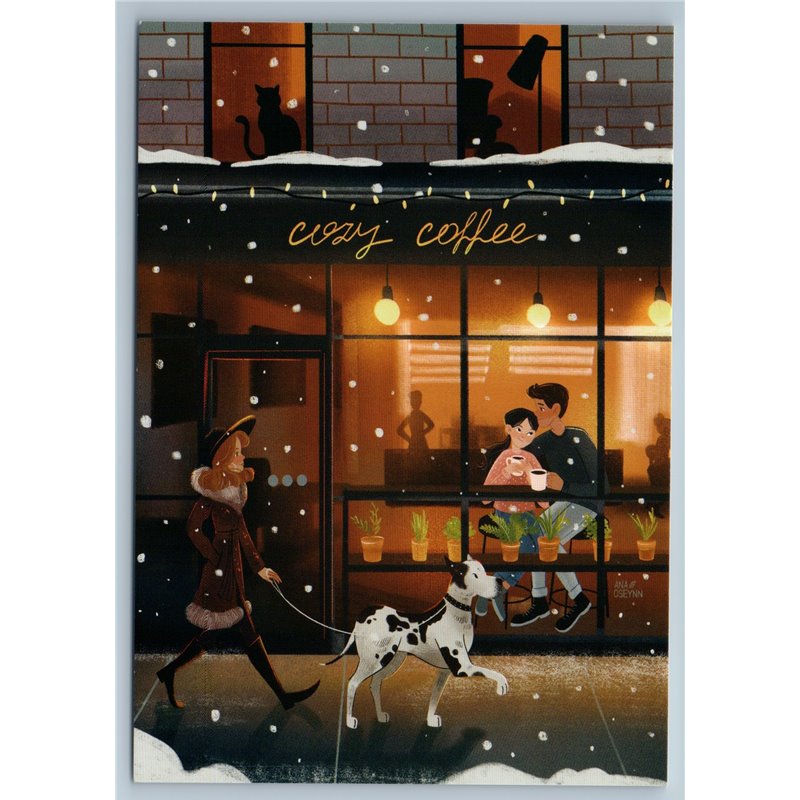 WOMAN walk w/ DOG Mastiff Cozy Coffee House Couple Snow Winter New Postcard