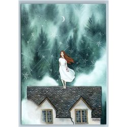 PRETTY GIRL on ROOF Long hair Forest Star Fantasy Awake House Russian Postcard