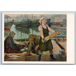 1959 FISHERMEN with a catch Fishing boats on pier Womam Soviet USSR Postcard