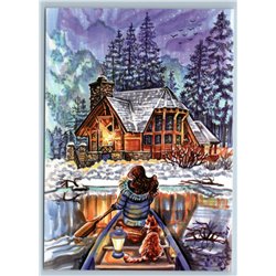 GIRL w CAT in BOAT FOREST HOUSE Snow Winter Northern lights Russian New Postcard