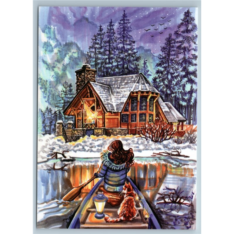 GIRL w CAT in BOAT FOREST HOUSE Snow Winter Northern lights Russian New Postcard