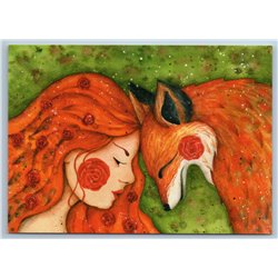 RED HAIR GIRL n RED FOX Friends Unusual Art Roses Russian New Postcard