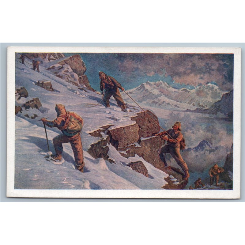 1950s RED ARMY Soldiers scalling Caucasian Mountains Climbers Soviet Postcard