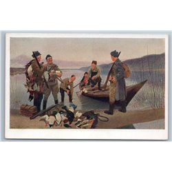 1950s DUCK HUNTERS near Lake Boats Rifle HINTER Rare Soviet USSR Postcard