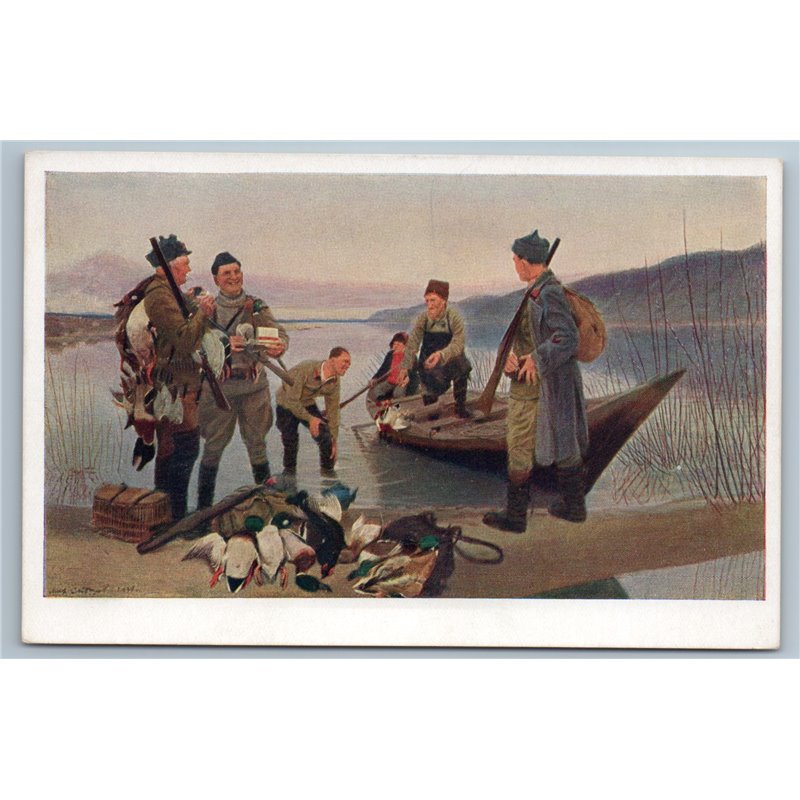 1950s DUCK HUNTERS near Lake Boats Rifle HINTER Rare Soviet USSR Postcard