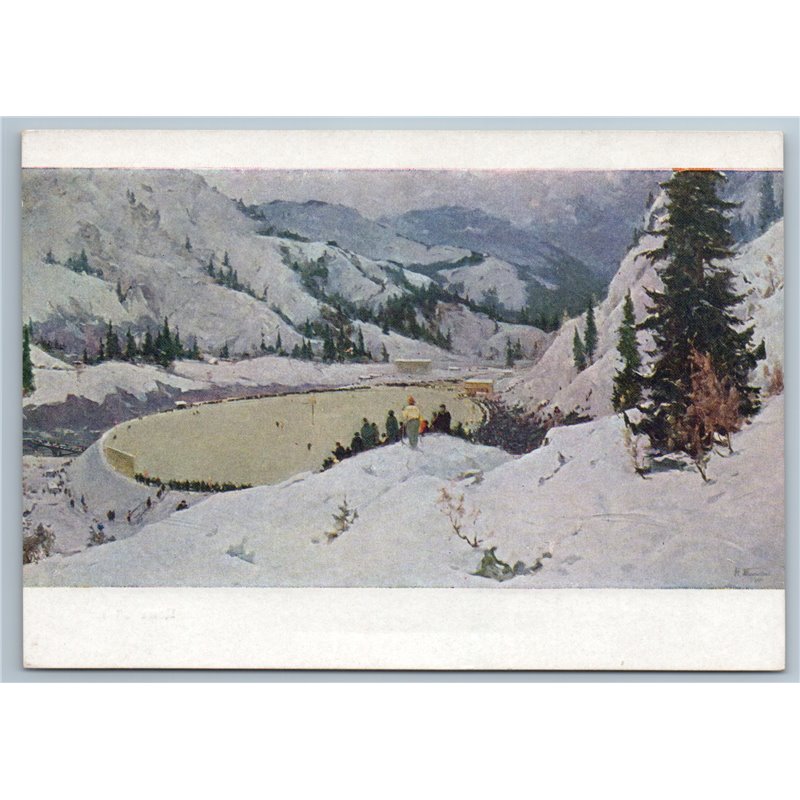 1958 ALPINE SKATING RINK Skier SKI Mountain SPORT Snow Winter Soviet Postcard