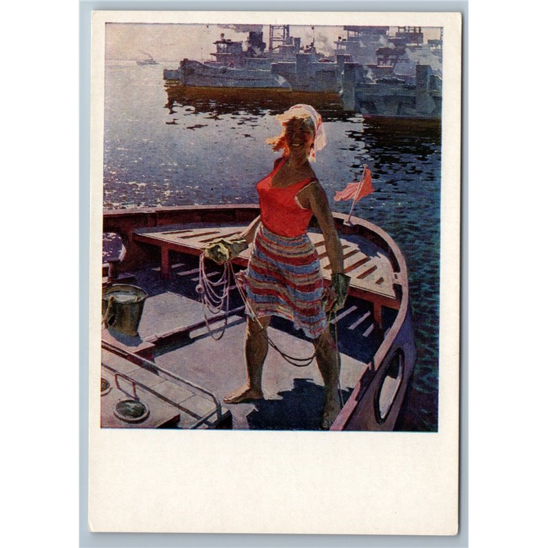 1969 PRETTY WOMAN in BOAT on VOLGA RIVER SHIPS Socrealism Soviet USSR Postcard