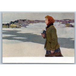 1959 VILLAGE TEACHER Woman with BOOKS Village Snow Winter Soviet USSR Postcard